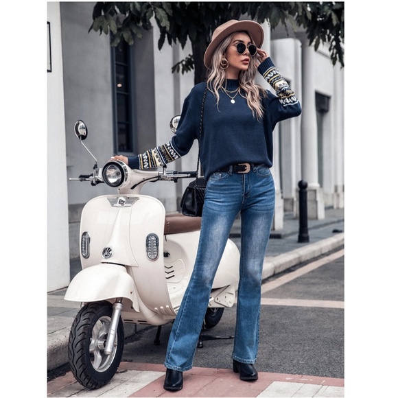 Navy Blue High Neck Sweater Nordic Geometric Tribal Aztec Print Pullover Knit - Picture 3 of 9